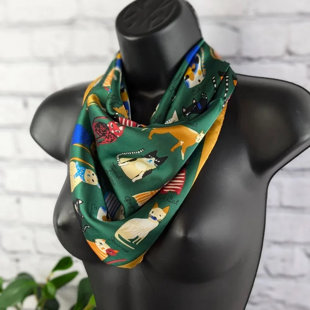 Whimsical assorted cats on silky green polyester with gold trim scarf, head wrap